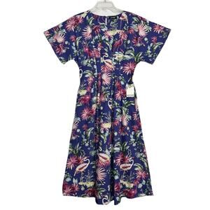 Kensie Women’s Midi Dress Size 6 Blue Flamingo Tropical Pleated Fit & Flare NWT